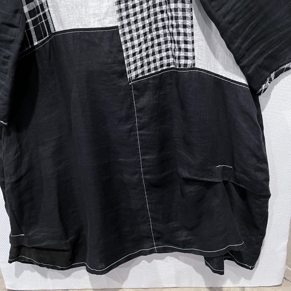 Bodil XL Patchwork‎ Linen Black White Lagenlook 3/4 Sleeve Tunic Dress Pockets - Picture 8 of 9